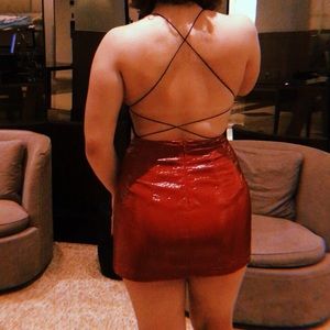 Red shiny leather skirt